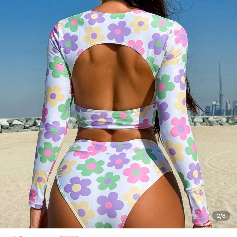 SHEIN Floral Long Sleeve Bikini Set - White, Purple, Green, Pink brand new - Picture 2 of 12